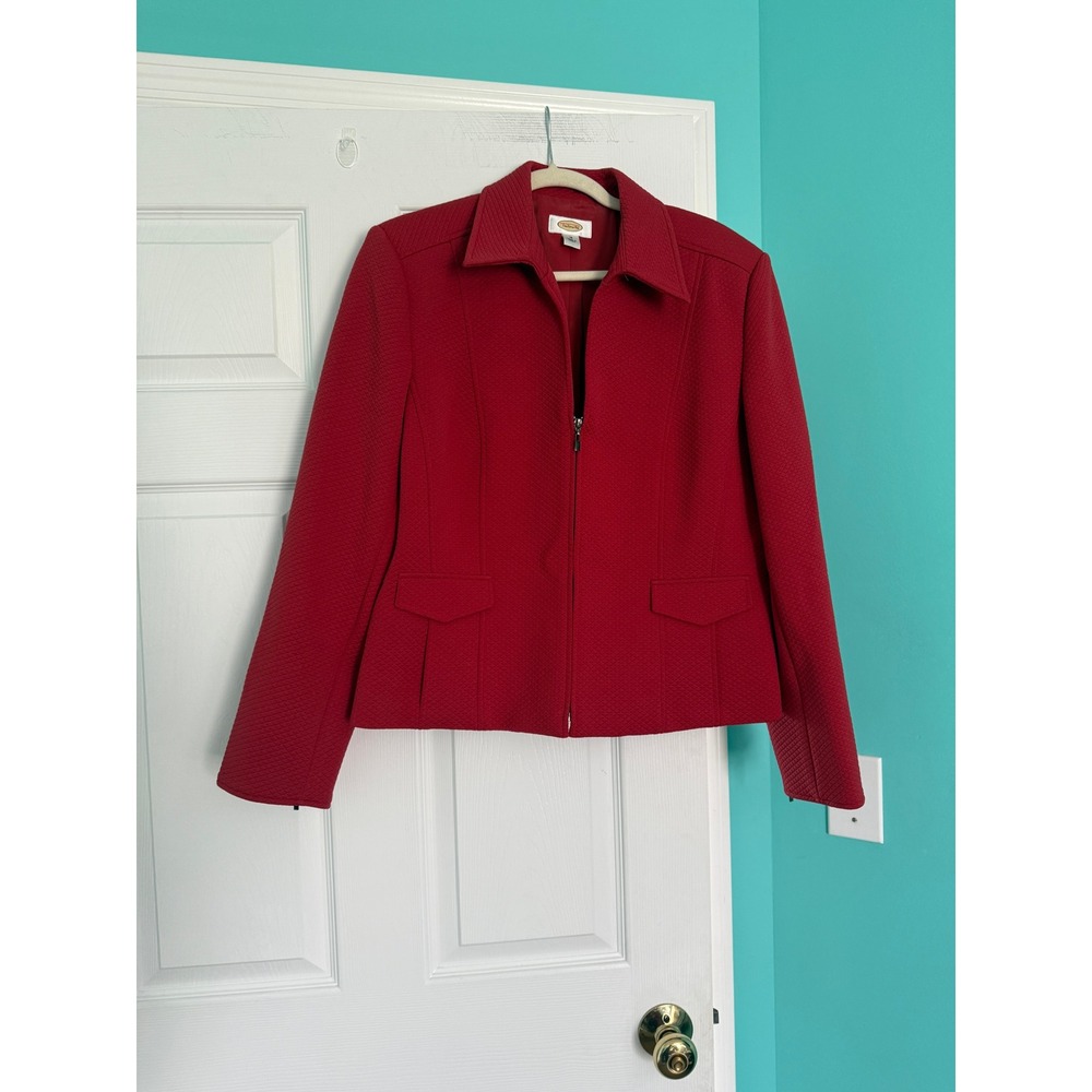 Talbots Womens Red Diamond Quilted Zip Front Jacket Size 16 Blazer Collar